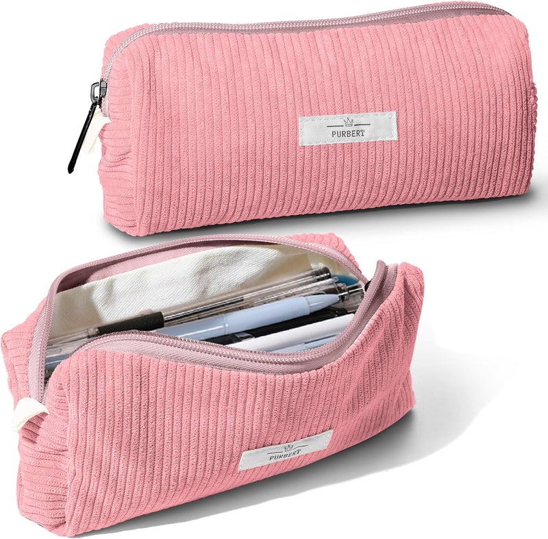 Purbert Pencil Bag Pen Case, Soft Corduroy Small Pencil Pouch Organizer with Zipper, Cute Pencil Case Pouch Stationery for Girls and Boys – Pink - Image 1